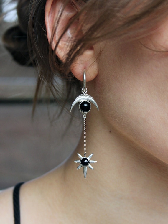 Moonstone 925 Sterling Silver Earrings, Natural Stone Earrings, Moon and star shape