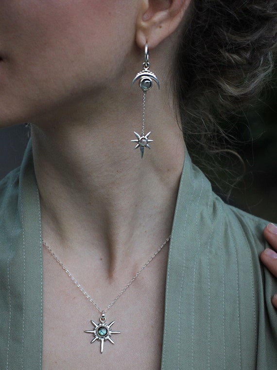 Moonstone 925 Sterling Silver Earrings, Natural Stone Earrings, Moon and star shape