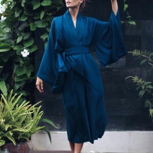 Prussian Blue Rayon Kimono Dress, Japanese Style Robe, Handmade, Wide Collar