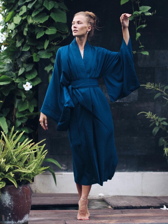 Prussian Blue Rayon Kimono Dress, Japanese Style Robe, Handmade, Wide Collar