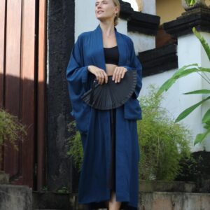 Prussian Blue Rayon Kimono Dress, Japanese Style Robe, Handmade, Wide Collar