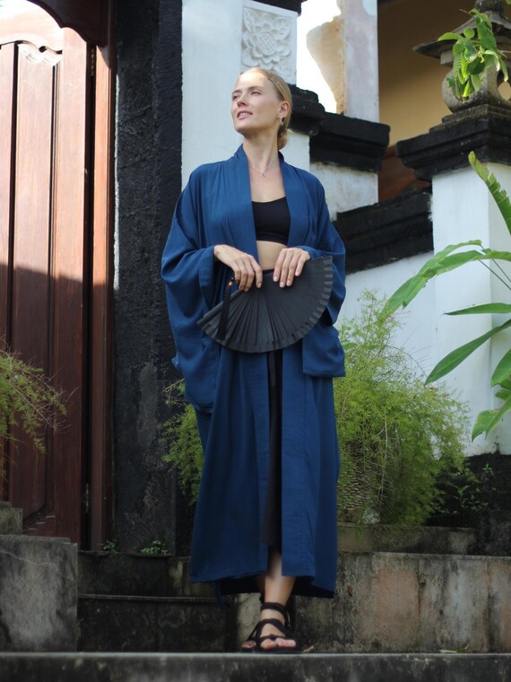 Prussian Blue Rayon Kimono Dress, Japanese Style Robe, Handmade, Wide Collar