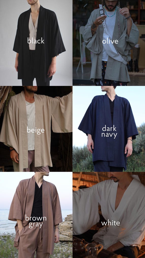 Linen Kimono Robe, Japanese Haori Jacket, Brown, Free Size, Unisex (95cm Length)