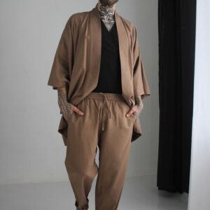 Linen Kimono Robe, Japanese Haori Jacket, Brown, Free Size, Unisex (95cm Length)