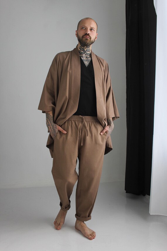 Linen Kimono Robe, Japanese Haori Jacket, Brown, Free Size, Unisex (95cm Length)