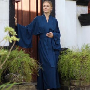 Prussian Blue Rayon Kimono Dress, Japanese Style Robe, Handmade, Wide Collar