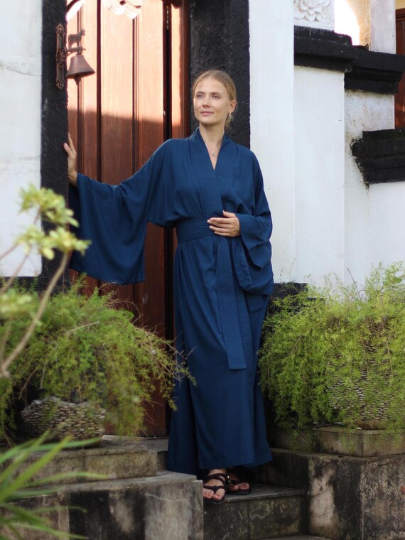 Prussian Blue Rayon Kimono Dress, Japanese Style Robe, Handmade, Wide Collar