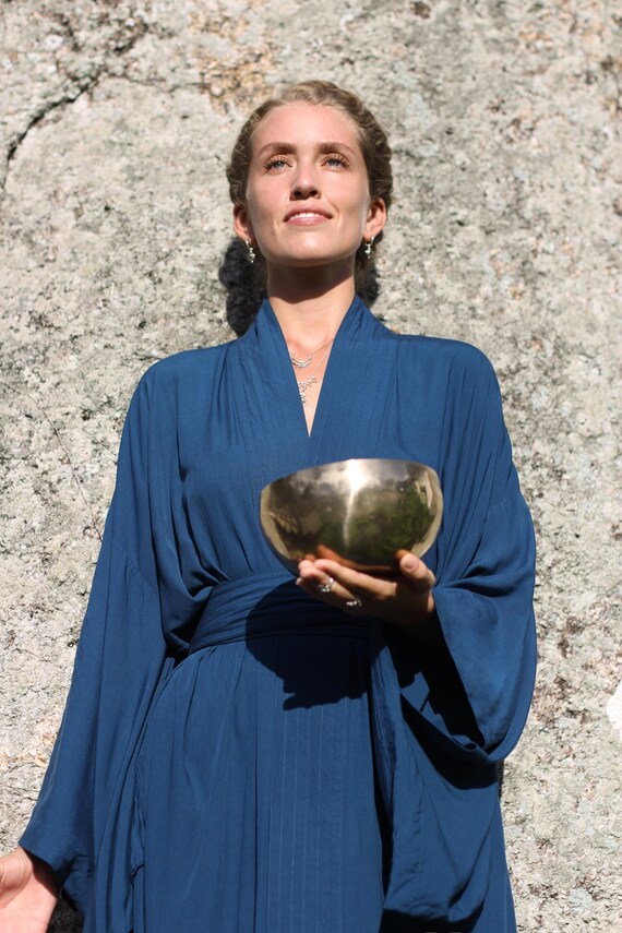 Prussian Blue Rayon Kimono Dress, Japanese Style Robe, Handmade, Wide Collar