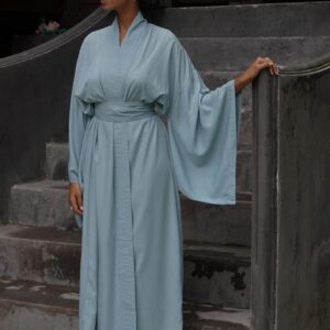 Light Blue Rayon Kimono Dress, Japanese Style Robe, Handmade Loose Fit
