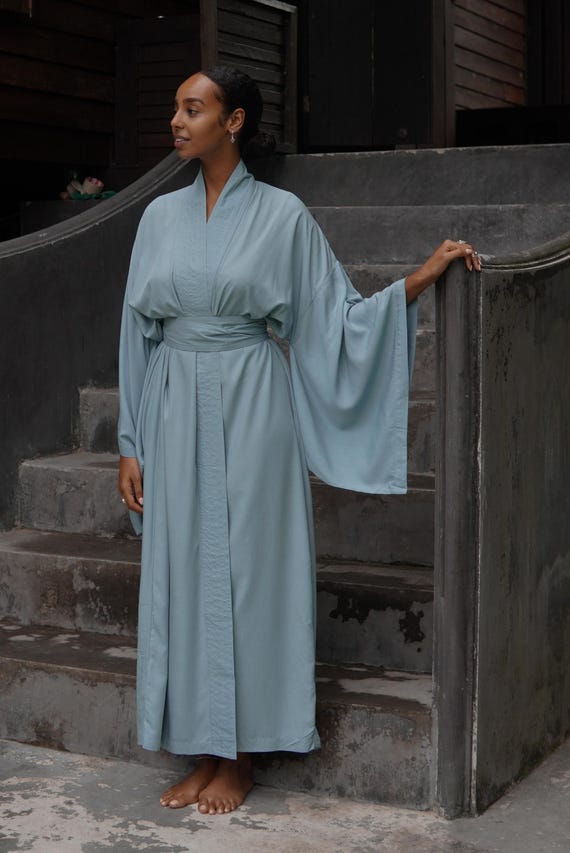 Light Blue Rayon Kimono Dress, Japanese Style Robe, Handmade Loose Fit