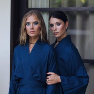 Prussian Blue Rayon Kimono Dress, Japanese Style Robe, Handmade, Wide Collar