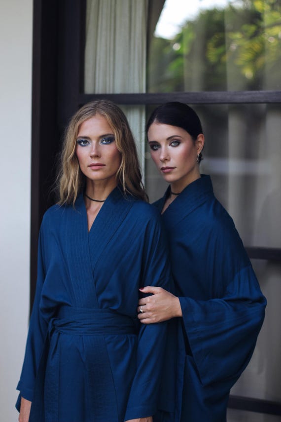 Prussian Blue Rayon Kimono Dress, Japanese Style Robe, Handmade, Wide Collar