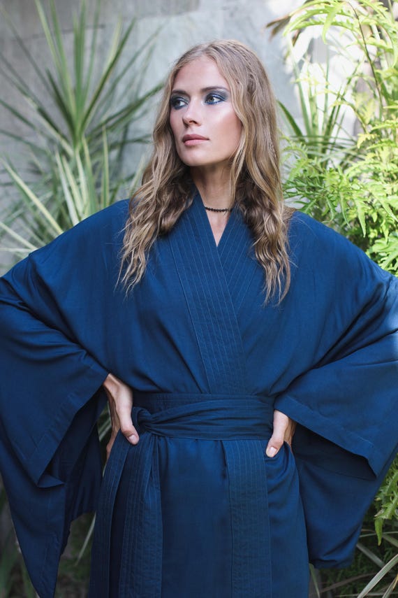 Prussian Blue Rayon Kimono Dress, Japanese Style Robe, Handmade, Wide Collar