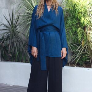 Prussian Blue Rayon Kimono Dress, Japanese Style Robe, Handmade, Wide Collar