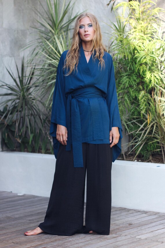 Prussian Blue Rayon Kimono Dress, Japanese Style Robe, Handmade, Wide Collar
