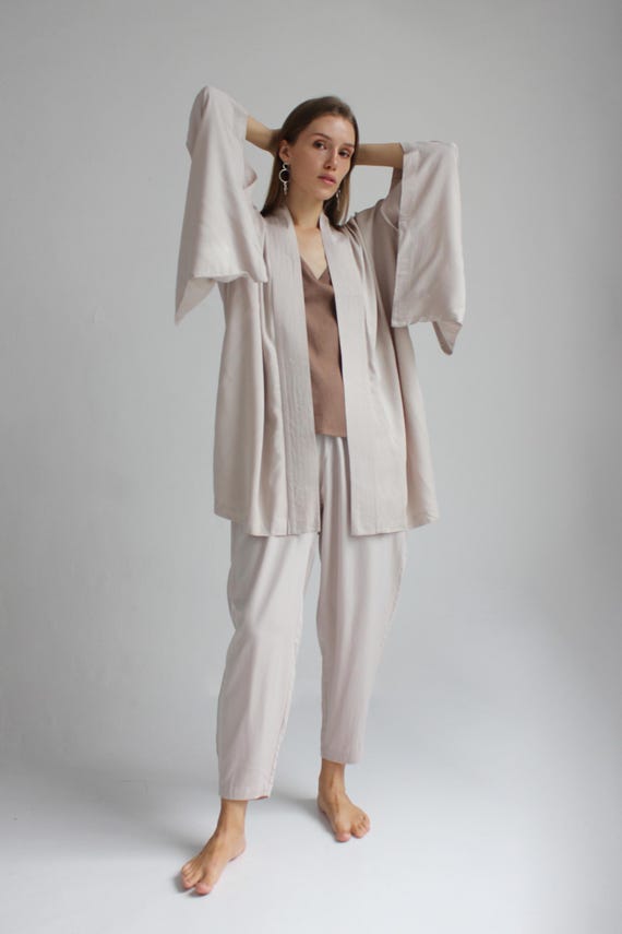 Bridesmaid beige kimono dress, Japanese style, Long Robe, Short cape, free size