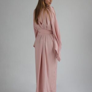 Pink Kimono Dress, Japanese Style Robe, Wide Collar, Matching Belt