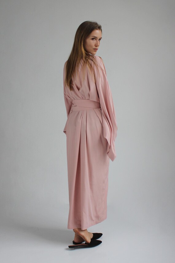 Pink Kimono Dress, Japanese Style Robe, Wide Collar, Matching Belt