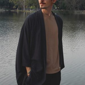 Men's Linen Kimono Robe, Japanese Haori Jacket, Soft Blend (95cm Length)