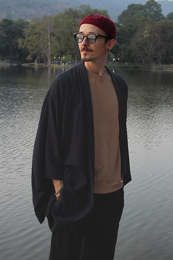 Men's Linen Kimono Robe, Japanese Haori Jacket, Soft Blend (95cm Length)