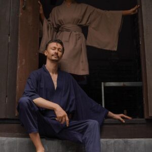 Men's Linen Kimono Robe, Japanese Haori Jacket, Soft Blend (95cm Length)