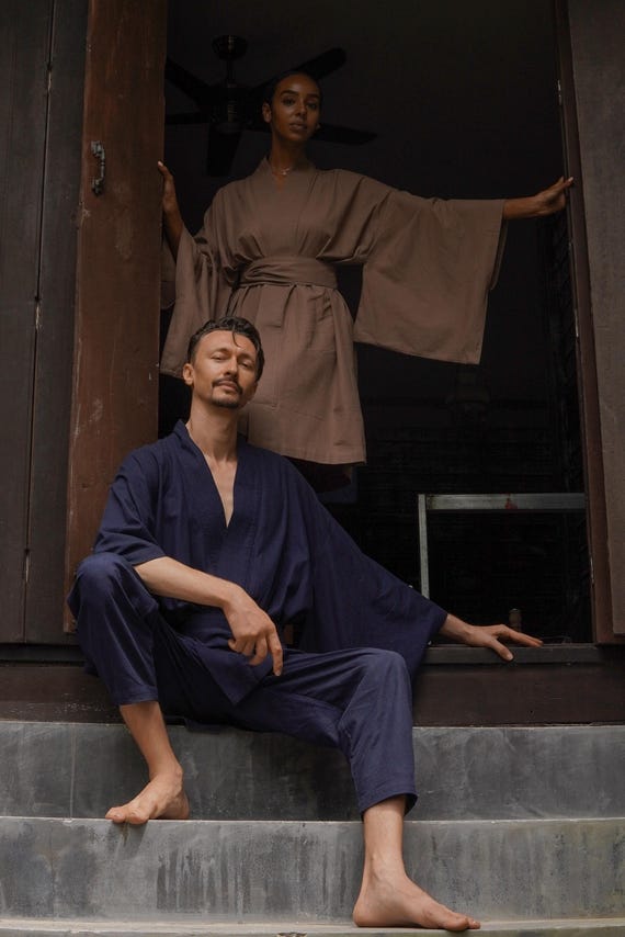 Men's Linen Kimono Robe, Japanese Haori Jacket, Soft Blend (95cm Length)