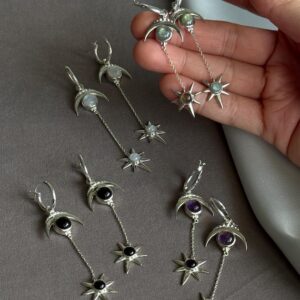 Moonstone 925 Sterling Silver Earrings, Natural Stone Earrings, Moon and star shape