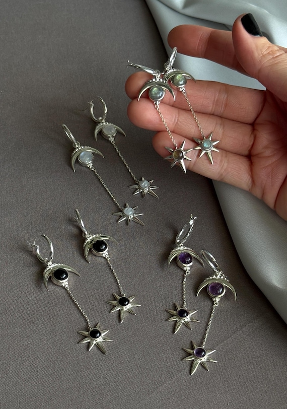 Moonstone 925 Sterling Silver Earrings, Natural Stone Earrings, Moon and star shape