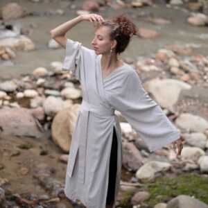 Dark Blue Kimono Blouse, Wide Sleeves, Side Slits, Asian Style Wrap Shirt, Rayon