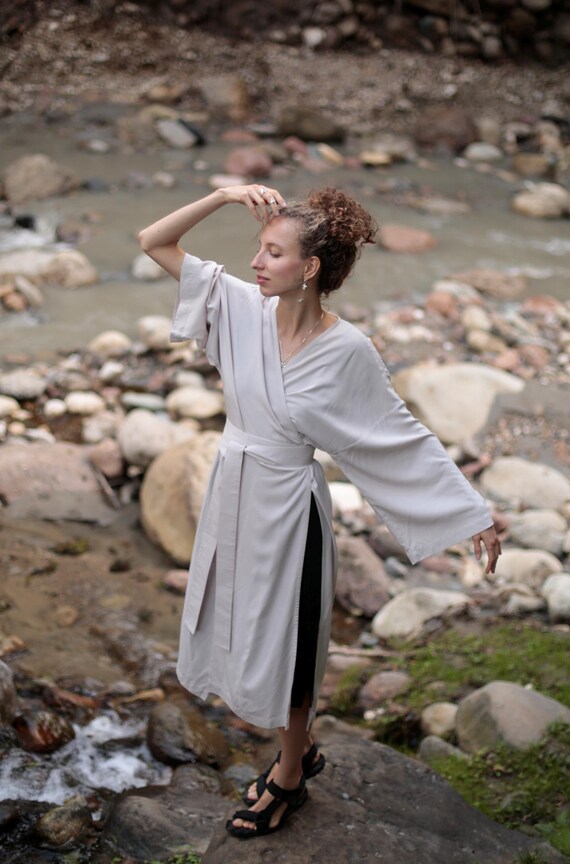 Dark Blue Kimono Blouse, Wide Sleeves, Side Slits, Asian Style Wrap Shirt, Rayon