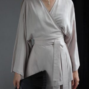 Dark Blue Kimono Blouse, Wide Sleeves, Side Slits, Asian Style Wrap Shirt, Rayon