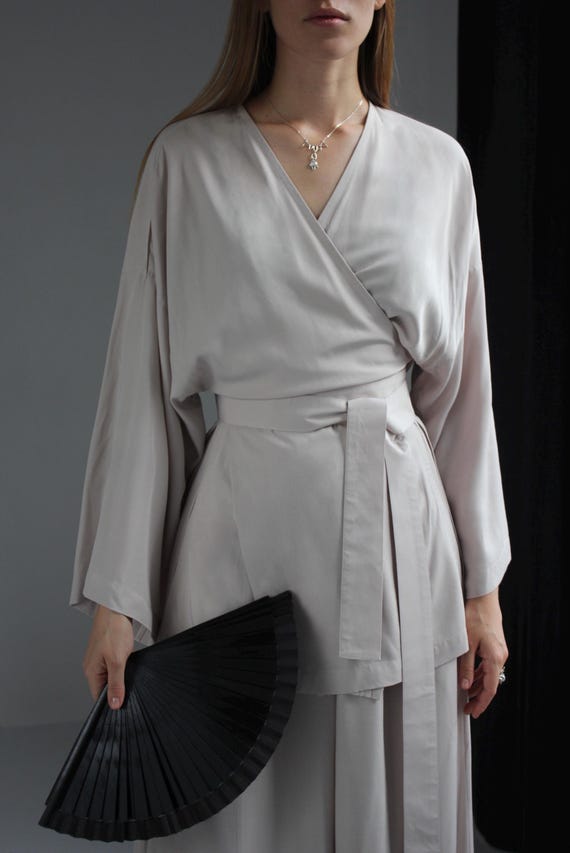 Dark Blue Kimono Blouse, Wide Sleeves, Side Slits, Asian Style Wrap Shirt, Rayon