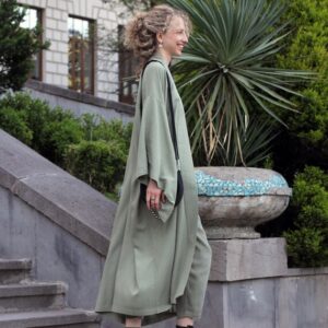 Olive Rayon Kimono Dress, Japanese Style Robe, Wide Collar Sleeves