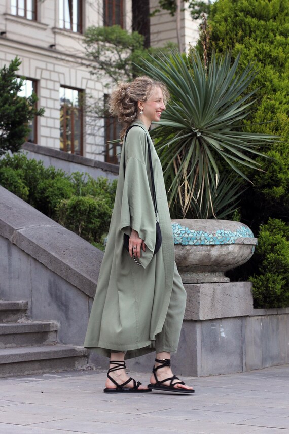 Olive Rayon Kimono Dress, Japanese Style Robe, Wide Collar Sleeves