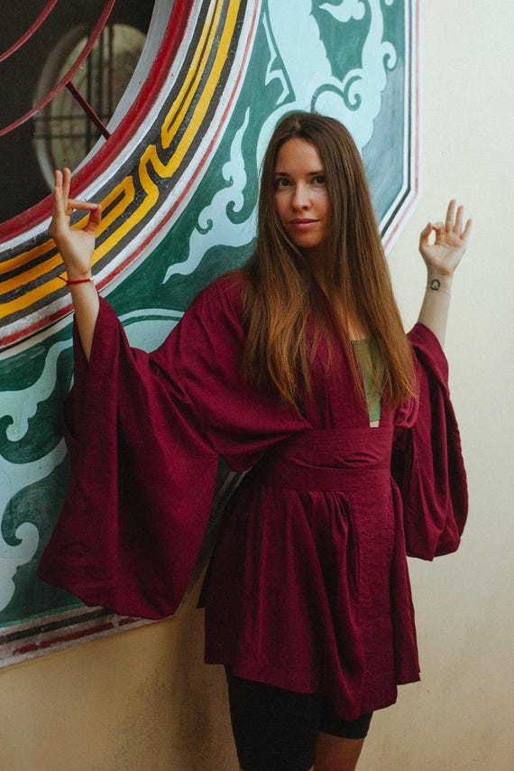 Ruby Kimono Dress, Japanese style, Vine Kimono, Long Robe, Short cape, free size