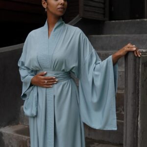 Light Blue Rayon Kimono Dress, Japanese Style Robe, Handmade Loose Fit
