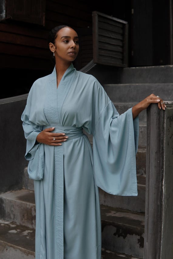 Light Blue Rayon Kimono Dress, Japanese Style Robe, Handmade Loose Fit