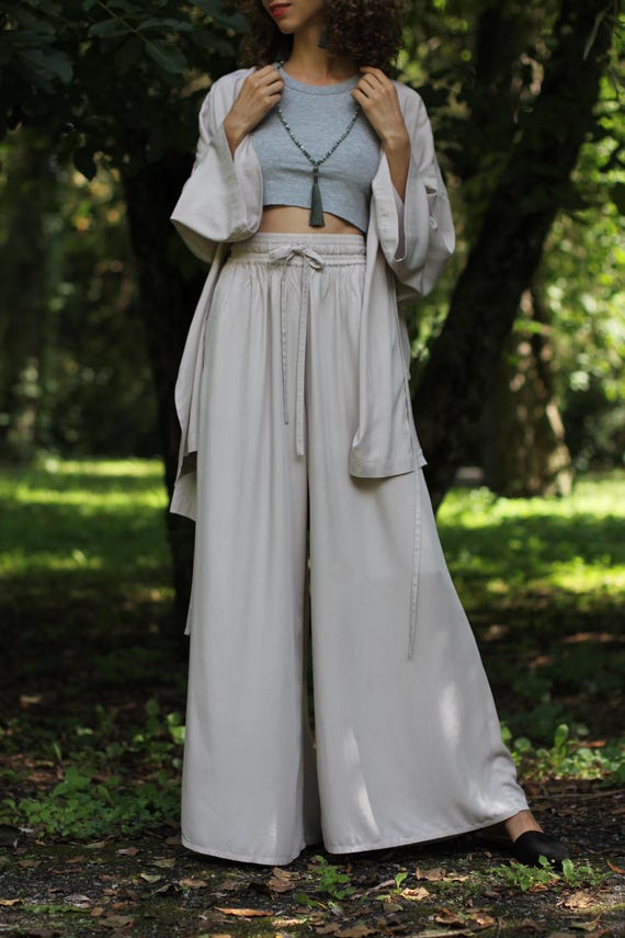 Wide Leg Pants Hand-dyed Rayon, High Waist Trousers, Adjustable Fit