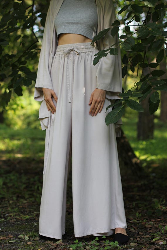 Wide Leg Pants Hand-dyed Rayon, High Waist Trousers, Adjustable Fit