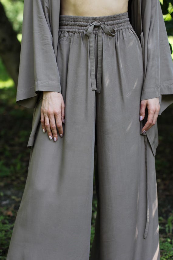 Wide Leg Pants Hand-dyed Rayon, High Waist Trousers, Adjustable Fit
