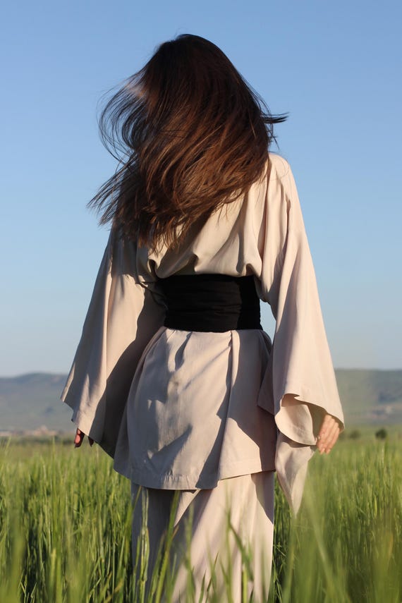 Bridesmaid beige kimono dress, Japanese style, Long Robe, Short cape, free size