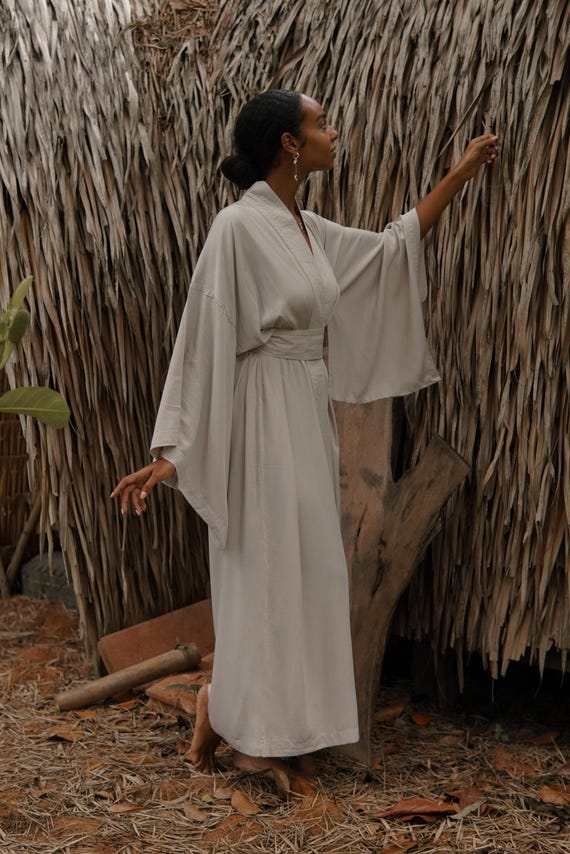 Bridesmaid beige kimono dress, Japanese style, Long Robe, Short cape, free size