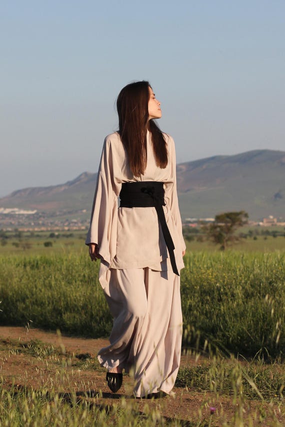 Bridesmaid beige kimono dress, Japanese style, Long Robe, Short cape, free size