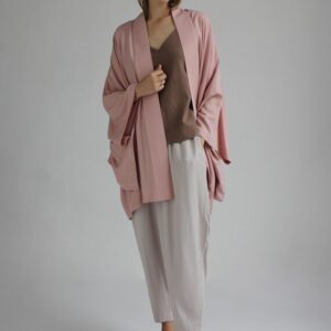 Pink Kimono Dress, Japanese Style Robe, Wide Collar, Matching Belt