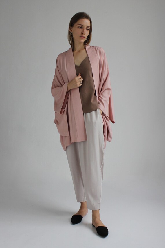 Pink Kimono Dress, Japanese Style Robe, Wide Collar, Matching Belt