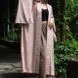 Pink Kimono Dress, Japanese Style Robe, Wide Collar, Matching Belt