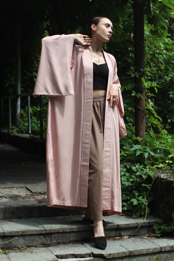 Pink Kimono Dress, Japanese Style Robe, Wide Collar, Matching Belt