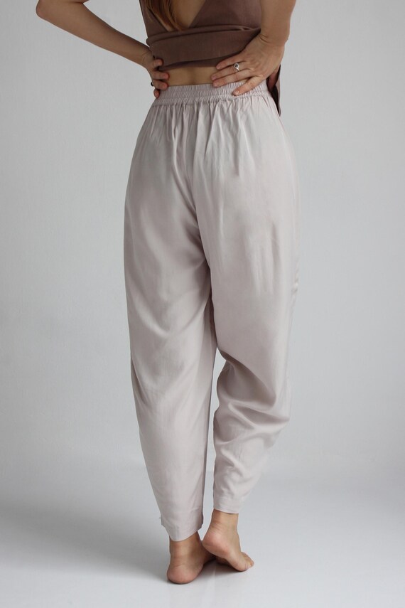 High Waist Tapered Trousers, Loose Fit, Elastic Waist, Side Pockets, Bamboo Rayon