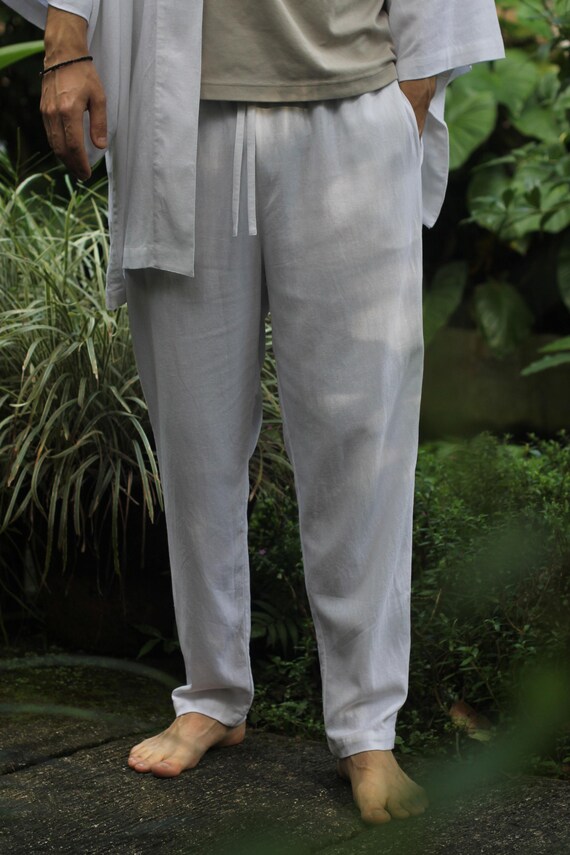 Men's Linen Blend Casual Cargo Pants, Elastic Waist Trousers