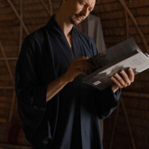 Men's Linen Kimono Robe, Japanese Haori Jacket, Soft Blend (95cm Length)